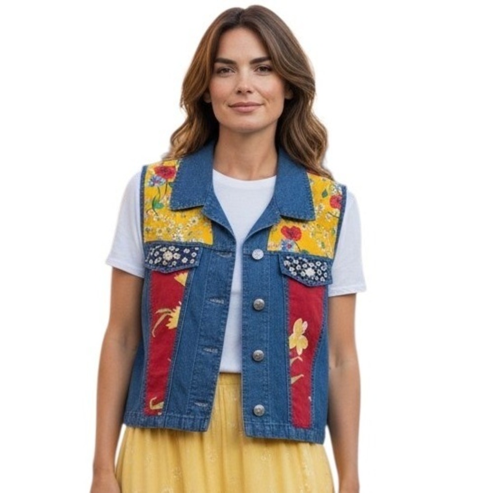 Vintage Patchwork Women's size Medium Signature Coastal Cowgirl Boho Denim Vest